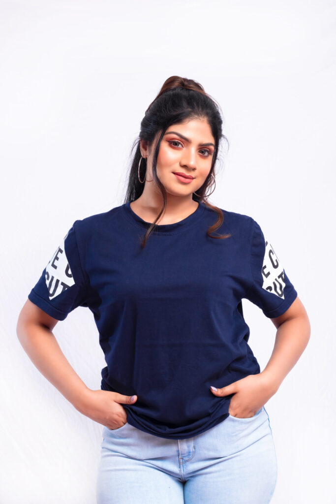 Cute Sleeve Print Baggy Dark Blue T shirt